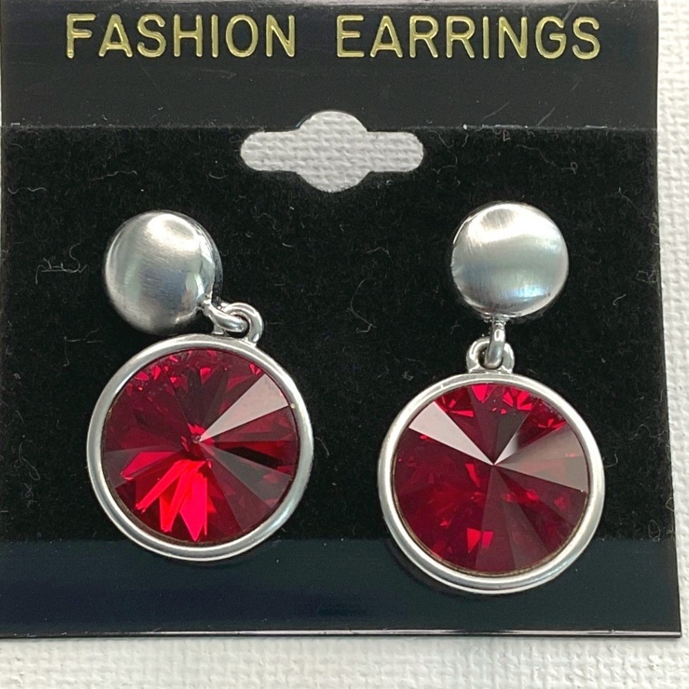 Earrings Silver Tone Red Crystal Round Drop Push Back Classic New